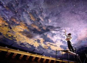 Man painting mural on ceiling, low angle view (digital composite)